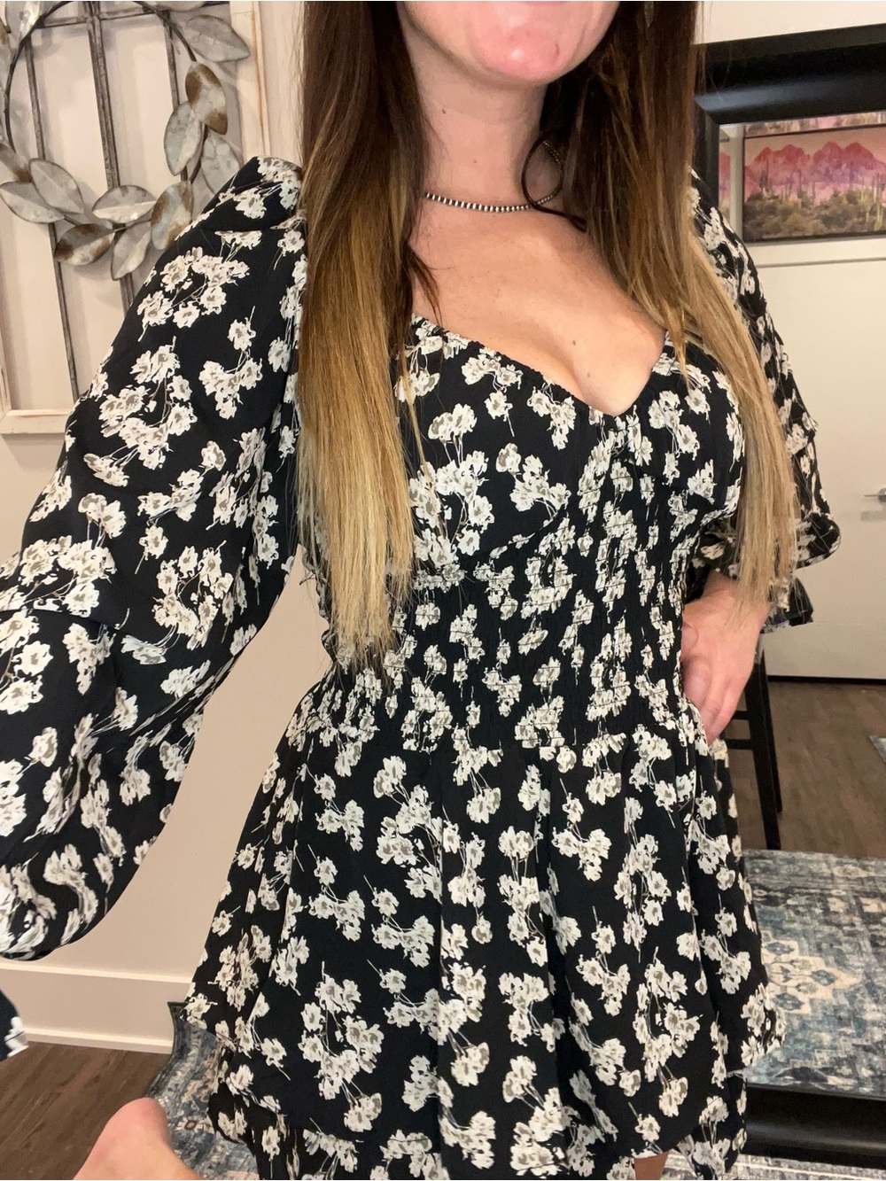 Floral Ruffle Mini Romper - Black & White